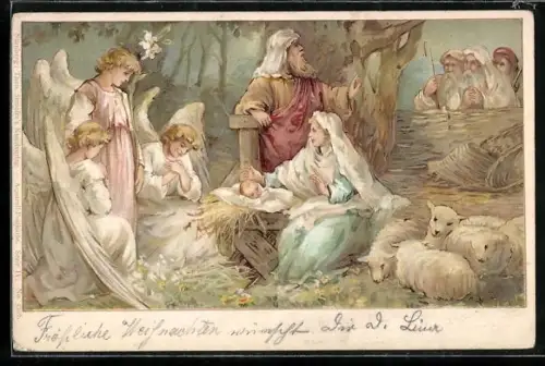 AK Maria und Joseph mit Christkind und Weihnachtsengel