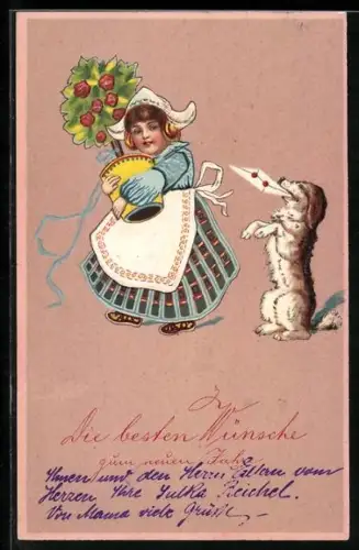 Präge-AK Hund steht auf den Hinterbeinen und überbringt einem Mädchen Neujahrsgrüsse