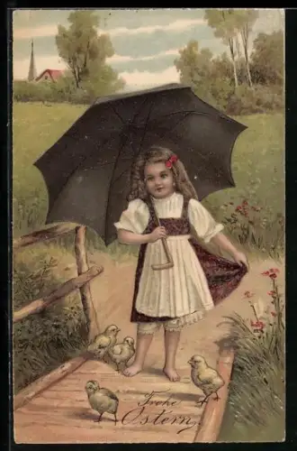 AK Kleines Mädchen in Tracht mit Schirm und Osterküken, Ostergruss
