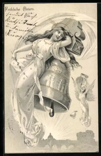 AK Fröhliche Ostern, Osterengel und Glocken, Jugendstil