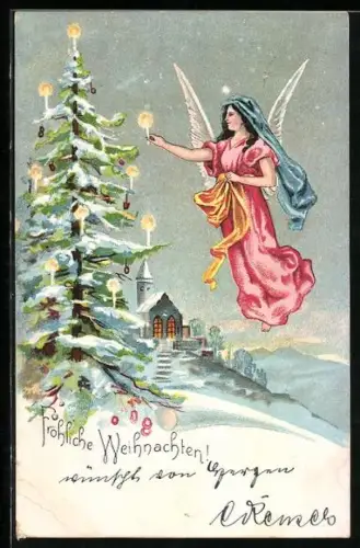 AK Weihnachtsengel schmückt einen verschneiten Tannenbaum