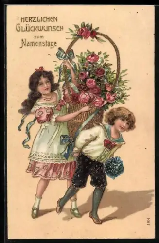 AK Kinder mit Blumenkorb