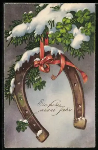 AK Hufeisen hängt von einer Schleife und umrahmt Neujahrsgrüsse, darum Kleeblätter