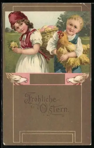 AK Kinderpaar mit Osterkorb und Henne, Ostergruss