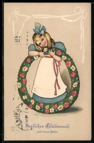 AK Herzlichen Glückwunsch zum Geburtstage, Mädchen mit grossen Blumenkranz