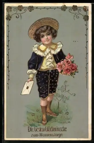 AK Kind mit einem Rosenstrauss überbringt Glückwünsche zum Namenstag