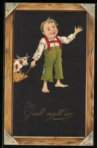 AK Kind zieht ein Kuhspielzeug und überbringt Neujahrswünsche