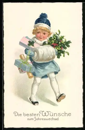AK Mädchen mit Geschenken und Stechpalmenzweigen auf den Armen, Neujahrsgruss