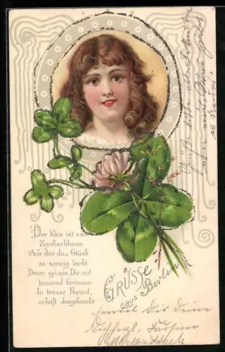 AK Kleeblätter mit Portrait einer jungen Frau mit Glitzer-Perlen
