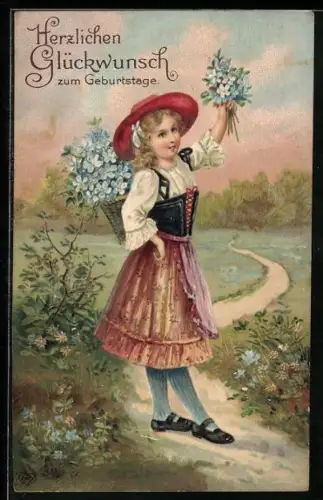AK Herzlichen Glückwunsch zum Geburtstage, Mädchen mit vielen Vergissmeinnicht