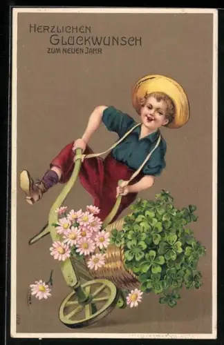 AK Junge gratuliert mit einer Schubkarre voller Blumen und Klee zum Geburtstag