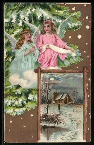 AK Weihnachtsengel an einer schneebedeckten Tanne, daben eine Ortspartie mit Kirche im Winter