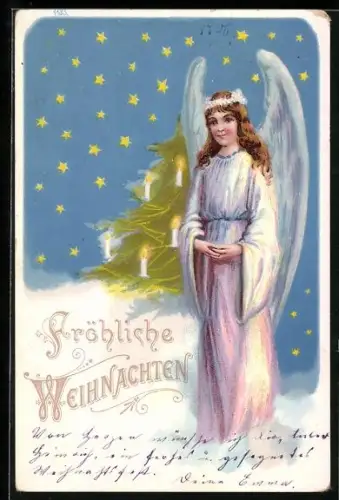 Künstler-AK Weihnachtsengel gegen Weihnachtsbaum