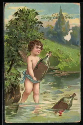 AK Kleiner Engel steht am Fluss und versendet Flaschenpost zum Valentinstag