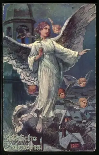 Künstler-AK Weihnachtsengel umringt von Engelsgesichtern an der Kirche