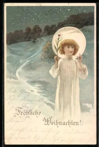 AK Person mit Aureole durchstreift eine Winterlandschaft, Weihnachtsgruss
