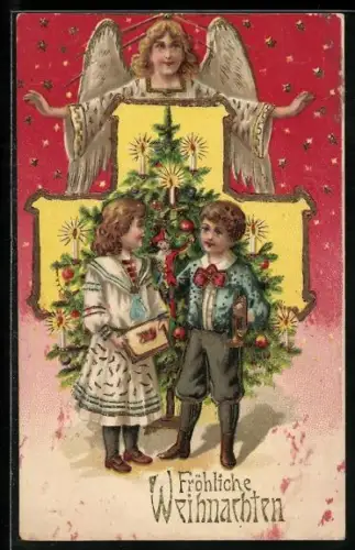 AK Weihnachtsengel und Kinder vor dem Weihnachtsbaum