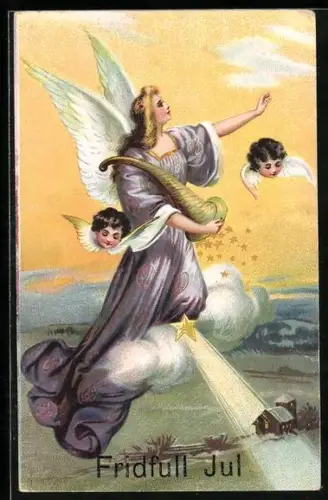 AK Weihnachtsengel mit Füllhorn und Englein auf einer Wolke, Weihnachtsgruss