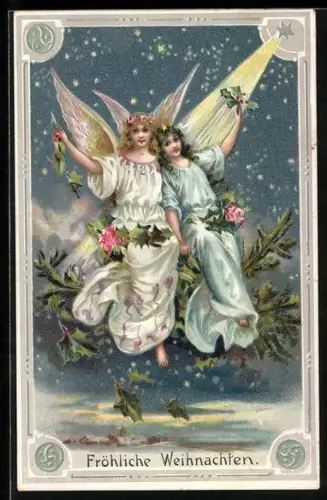 AK Weihnachtsengel fliegen über einem winterlichen Ort
