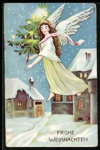 AK Schwebender Weihnachtsengel mit Tannenbaum