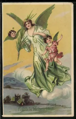 AK Weihnachtsengel schweben über einer Kirche