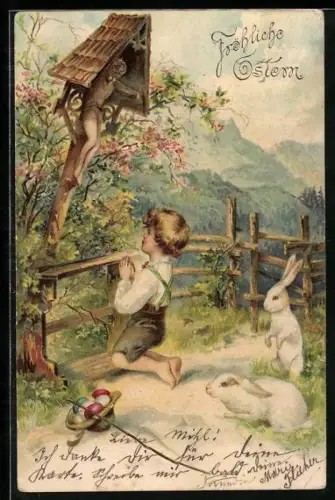 AK Osterhasen beobachten den betenden Jungen an einem Flurkreuz am Wegesrand, Fröhliche Ostern