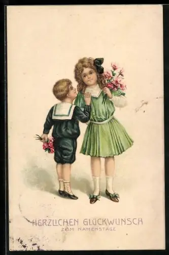 AK Zwei Kinder mit Rosensträussen in den Händen, Grüsse zum Namenstag