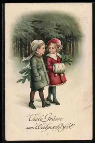 AK Zwei Kinder am schneebedeckten Waldrand, Weihnachtsgruss
