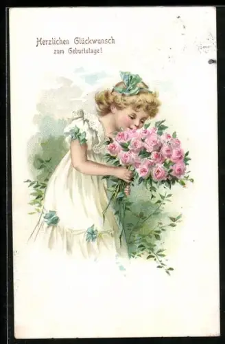 AK Mädchen mit einem Strauss voller schöner Rosen, Geburtstagsgrüsse