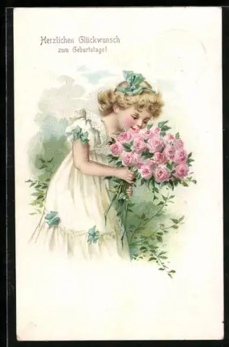 AK Mädchen mit einem Rosenstrauss, Geburtstagsgrüsse