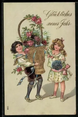 AK Glückwünsche zum neuen Jahr, Kinder mit Blumenkörben voller Rosen und Vergissmeinnicht