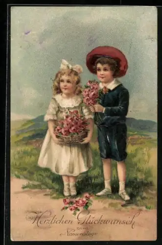 Präge-AK Zwei Kinder mit Korb voller Rosen und Strauss am Wegesrand, Grüsse zum Namenstag
