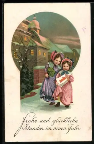 AK Zwei Kinder mit einem Kleestrauss und einem Kalender, der den Wechsel in das neue Jahr symbolisiert, Neujahrsgruss