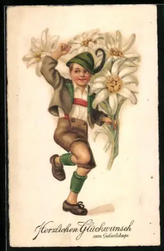 AK Junge in Tracht mit grossen weissen Blumen, Grüsse zum Namenstag
