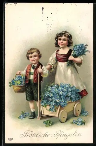 AK Kinder mit Bollerwagen voller Vergissmeinnicht überbringen Pfingstgrüsse