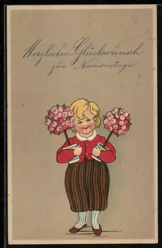 AK Mädchen mit Blumentöpfen überbringt Grüsse zum Namenstag