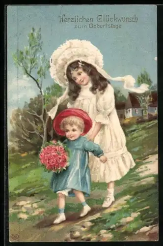 AK Mädchen mit einem Blumenstrauss, Glückwunsch zum Geburtstag