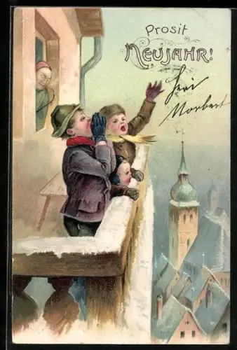 AK Kinder rufen Neujahrsgruss vom Balkon
