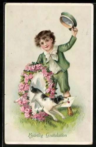 AK Junge mit einem Kranz aus Rosen, aus dem ein Hund springt und Glückwünsche überbringt