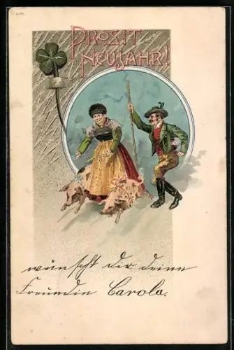 AK Pärchen mit Glücksschweinen und Klee überbringt Neujahrsglückwünsche