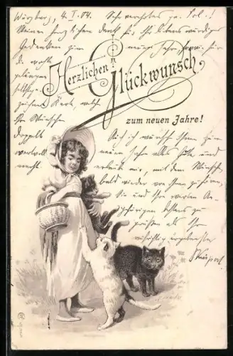AK Mädchen mit drei Katzen überbringt Glückwünsche zum neuen Jahr