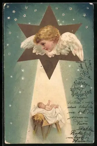 AK Weihnachtsengel blickt auf das Christkind hinab, Fröhliche Weihnachten