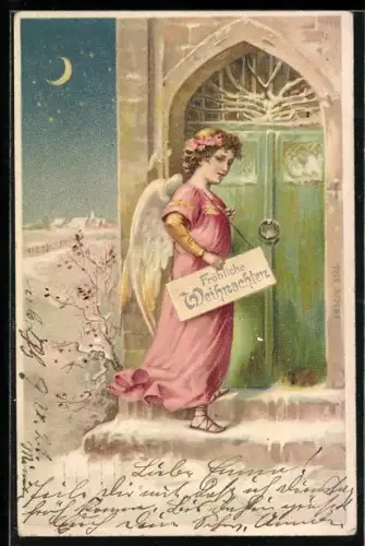 AK Weihnachtsengel an der Kirche bei Nacht