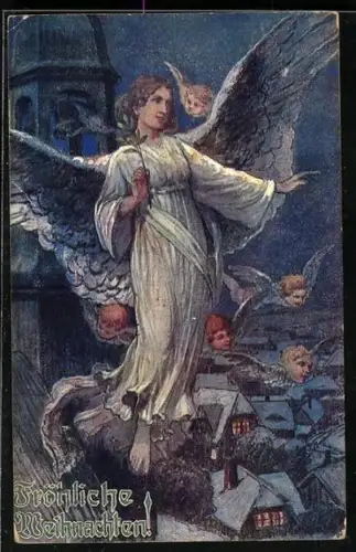 Künstler-AK Weihnachtsengel umringt von Engelsgesichtern an der Kirche