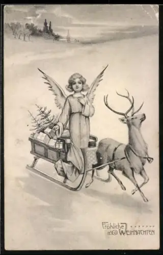AK Weihnachtsengel auf einem Schlitten mit Geschenken