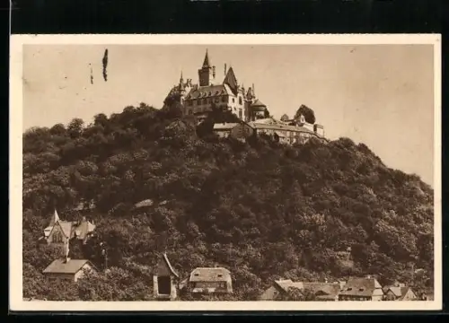 AK Wernigerode, Blick hoch zum Schloss, Ganzsache WHW Winterhilfswerk
