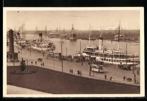 AK Stettin, Dampfschiffbollwerk mit Passanten, Ganzsache WHW Winterhilfswerk 1934 /35