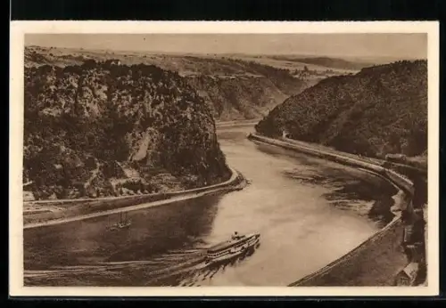 AK Loreley, Loreleyfelsen und Rheindampfer, Ganzsache WHW Winterhilfswerk 1934/35