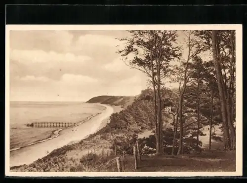 AK Misdroy, Blick auf den Ostseestrand mit Seesteg, Ganzsache WHW Winterhilfswerk 1934/35