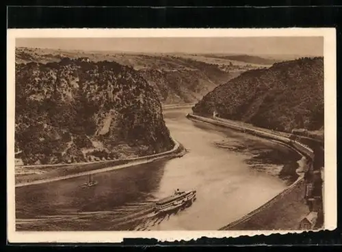 AK Loreley, Loreleyfelsen und Raddampfer auf dem Rhein, Ganzsache WHW Winterhilfswerk 1934/35